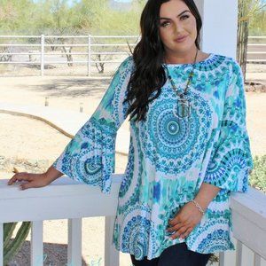 Plus Size Blue Medallion Silky Tunic USA 1X 2X 3X